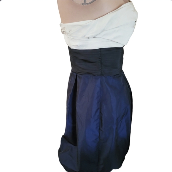 BCBGMaxAzria Colorblock Blue Black Cream Strapless Puff Mini Dress Size 6 - Picture 5 of 11